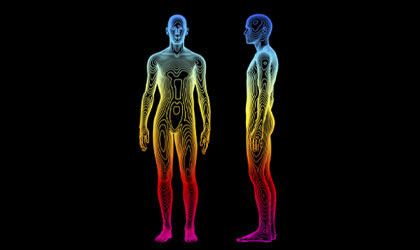 Imagem ilustrativa da termografia infravermelha no corpo humano de frente e de perfil